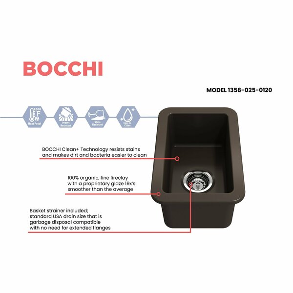 Bocchi 18 in W x 12 in L x 8 in H, Fireclay, Fireclay Kitchen Sink 1358-025-0120